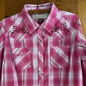 BIT & BRIDLE  Pink Plaid Long Sleeve Button-Up Shirt  Woman's Size L
